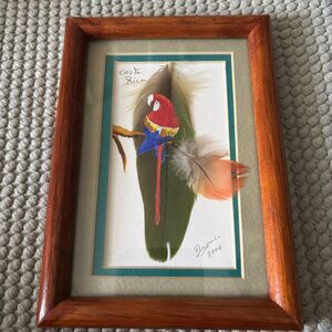 Framed 2004 Hand Painted Costa Rica Signed Painting on Real Bird Feather